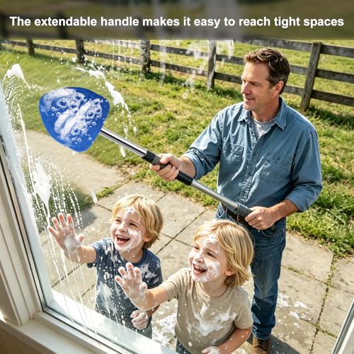 Windshield Cleaning Tool, Auto Window Cleaning Kit with 4 Reusable Microfiber Pads & Extendable Handle, Portable Windshield Cleaner Rotating Head Glass Wiper for Most Cars (Blue) - color: Blue