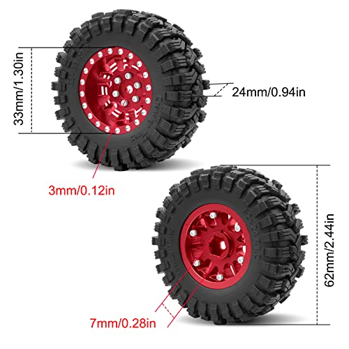 OGRC 1.0 Plus (1.2 Inches) Beadlock Wheel and Tires Set 7mm Negative Offset Wheel Rims SS Super Soft Sticky Tires for TRX4M SCX24 FCX24 AX24 1/24 1/18 RC Crawler Car - 62 * 24mm (Red) - color: Red