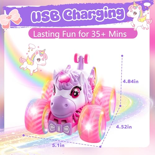 Remote Control Car Unicorn Monster Trucks for Girls 360° Rotating 4WD Stunt RC Cars with LED Lights and Music, 2.4GHz Toy Various Terrain Pink RC Cars Birthday Gifts for Kids Girl Age 3-12 (Large) - style: Large