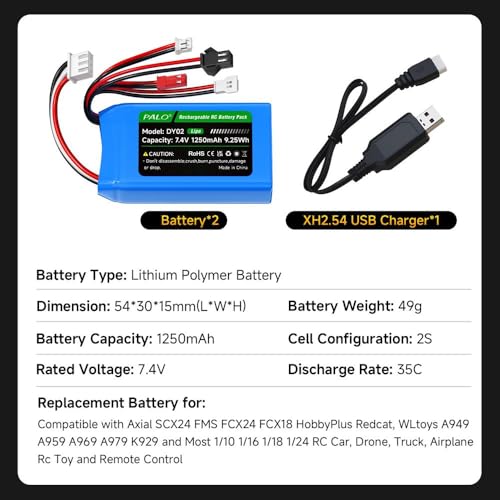 2 Pack 7.4V 2S Lipo SCX24 Battery 35C(Brust 70C) 1200mAh Batteries with PH2.0 JST SM2.0 MX2.0 Plug Connector Fit for Axial SCX24 Most 1/10, 1/16, 1/18, 1/24 Scale RC Crawler RC Car, Truck, Boat, Drone