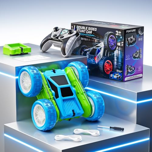 Remote Control Car, 360° Flips Rotating RC Stunt Car with USB-C Charge Modular Battery, 4WD RC Cars with LED Lights Strips, All Terrain RC Truck Toys for Kids 3+ Year Old Boys Christmas Birthday Gift - color: Blue & Green