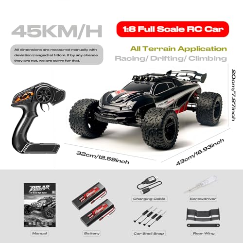 1:8 Scale All Terrain RC Monster Truck 45KM/H for Adults Boys | 2.4GHz Remote Control High Speed Off Road Racing Car with 2 Rechargeable 2600mAh Batteries