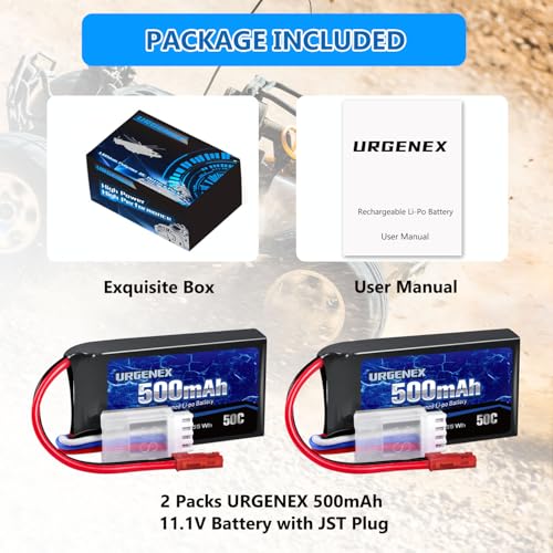 11.1V 500mAh Lipo Battery 3S 50C High Discharge Rate RC Battery Pack with JST Plug Rechargeable Lipos for RC Airplane Racing Drone Helicopter Quadcopter Micro FPV RC Car Truck Boat (2 Packs)