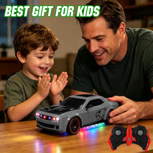 Remote Control Car 1:14 Scale RC Cars with Spray Effect, LED Lights & Realistic Sound, 2.4GHz Racing Toy with Controller, Christmas Birthday Gift for 3-9 Year Old Boys Girls (Gray)