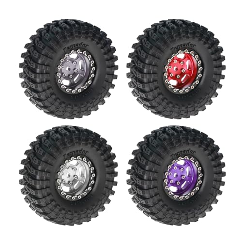 1.3” Aluminum Beadlock Wheels & Rock Trail Tires Set for 1/18 1/24 RC Crawlers, -8.0mm Offset, 68×26mm, 7mm Hex, Foam Inserts, Fits TRX4M SCX24 AX24 FCX24 Ascent-18, Pre-Assembled 4 pcs (Red) - color: Red