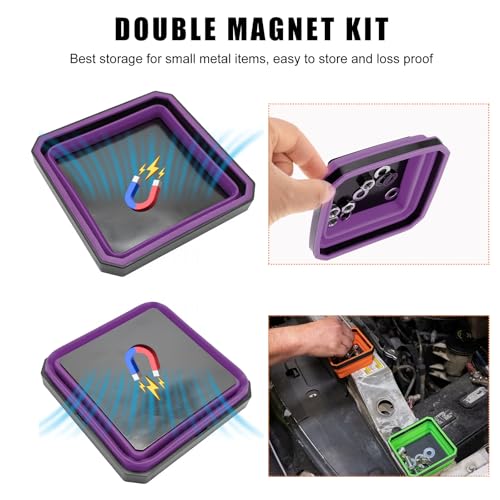 Yourkar Collapsible Magnetic Parts Tray, 4.5 Inch Foldable Magnetic Square Silicone Tray, Tool Tray Set with Double-Sided Magnetic Base for Screw Bolts Nuts Pins, Car Accessories (Purple) - color: Purple, 1 PCS