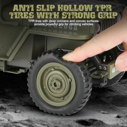 1/10 Scale RC Military SUV, Remote Control 4WD Off-Road Vehicle with Alloy Frame Chassis, with Winch and Capstan, Army Vehicle with Opening Hood and Folding Windshield, 2 Batteries, - color: Rc Car + Winch + Tarpaulin+2 Battery