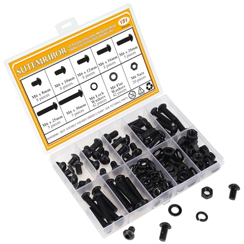 151 Pieces M6 Screws Nuts Washers Set Black, Sutemribor M6 x 8/10/12/16/20/25/30mm Button Head Socket Cap Screws Nuts Washers Assortment Kit, 10.9 Grade Alloy Steel, Fully Threaded - size: M6, style: Button Head Socket Cap