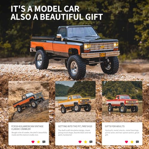 FCX18S FMS 1/18 Chevrolet K10 S RC Truck, Officially Licensed 4WD RC Crawler 2 Speeds Switch with LED Lights, Off-Road RC Model for Adults (Black) - color: Black