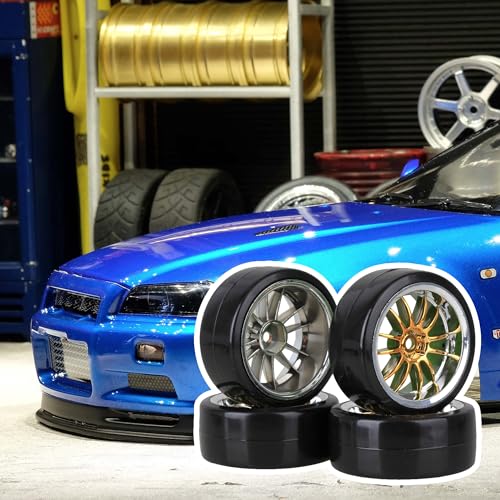 Mxfans 4PCS RC1/10 On Road Car Drift Smooth Wheel Tires & Plastic Plating Golden 12-Spoke Wheel Rims