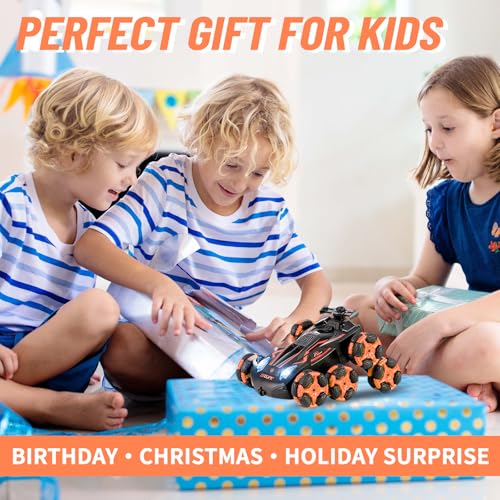 8WD Remote Control Stunt Car with Music Light Mist Spray, RC Drift Car Toys for Kids 6+, 2.4GHz Remote, Double Sided Driving, 360° Spins, Off-Road Stunt Vehicle, Birthday Gifts for Boys Girls - color: Orange