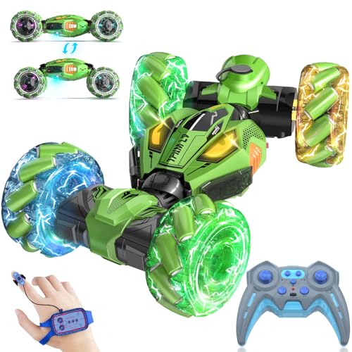 Gesture Sensing RC Stunt Cars - Toys for Boys Girls 6-12 | Best Gifts for Kids 6-12 Years Old | 4WD 360° Rotating Remote Control Transform Car | All-Terrain Off Road Vehicle with Lights Music Green