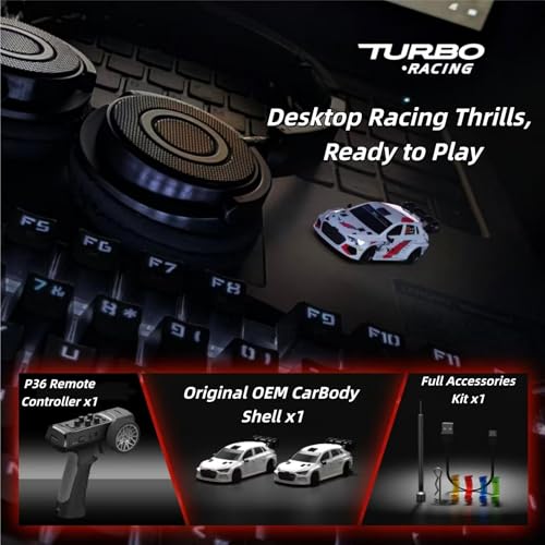 FLYCOLOR Turbo Racing C78 1:76 Mini Drift RC Car, 2WD Full Proportional Control, 2.4GHz Hobby RC with LED Light & DIY Shell, RTR Desktop Hobby Model(White) - color: White