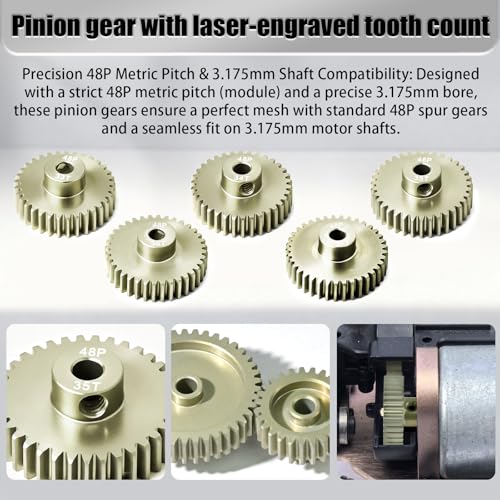 5Pcs 48P Aluminum Alloy Pinion Gear Set 3.175mm 33T 34T 35T 36T 37T Motor Pinion Gear W M4 Screw and Hex Key, Fit 3.175mm (1/8-Inch) Shaft, for Arrma HPI Kyosho Losi Axial Traxxas Tamiya 1/10 RC Car - size: 48P-P-3.175mm-33-37T
