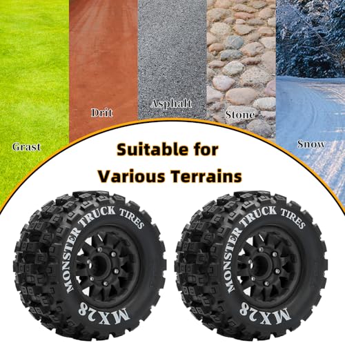 2.8" RC Tires with 12mm/14mm Hex Adapter 1/10 Scale RC Truck Tires RC Wheels and Tires Set for Traxxas Arrma Rustler Stampede 4PCS (Black) - Not Glued - color: Black
