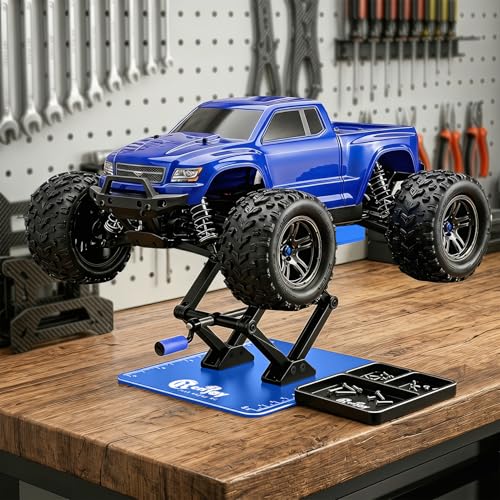RC Stand Lift Lower with 3-Slot Screw Tray for 1/8 1/10 1/12 Scale, Blue | Aluminum RC Car Work Stand Repair Tool Set for RC Cars Crawler Truck Traxxas TRX4 Axial SCX10 Upgrade - color: Blue, With 3-slot Screw Tray