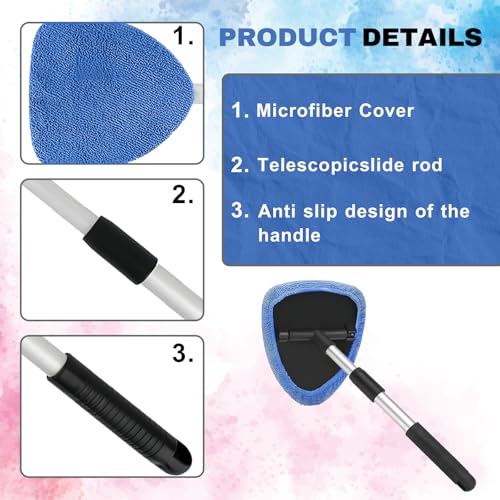 Windshield Cleaning Tool, Car Window Cleaner with Extendable Handle, 4 Microfiber Pads and Spray Bottle, Auto Interior Exterior Glass Wiper Cleaning Kit Universal for RV, SUV, Truck (Blue) - color: Blue