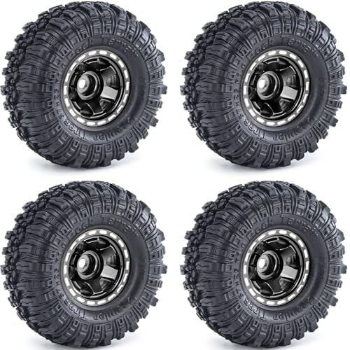 1.0 Beadlock Wheels and Tires Set 57 x 24 mm 1.0 inch Rubber Rock Crawler Tires & Alloy Blade Wheels For 1/18 1/24 Axial SCX24 TRX4M Gladiator Bronco C10 JLU Deadbolt RC Crawler Upgrade(Black) - color: Black