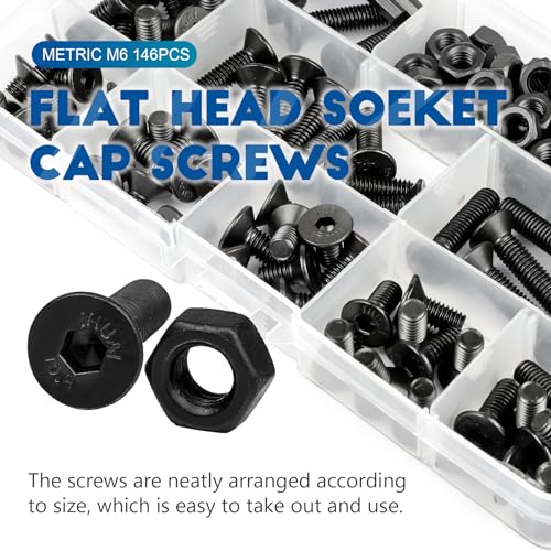 NINDEJIN Metric M6 Screws Set, Hex Socket Flat Head M6 Screw Assortment Kit, 9 Lenght Screw Bolts and Hex Nuts, Carbon Steel, Allen Socket Drive, Black Parts - size: 146PCS M6 8mm-30mm