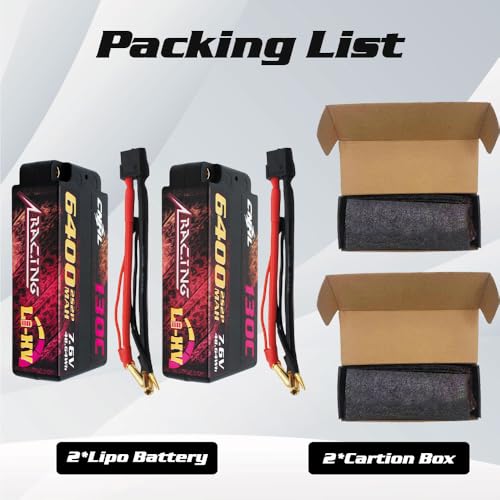 CNHL 6400mAh 2S Shorty Lipo Battery HV 7.6V 130C XT60 Hard Case (2 Packs) | Sustained voltage and chassis balance for 1/10 and 1/8 RC racing buggies, touring cars, crawlers, and long mains.