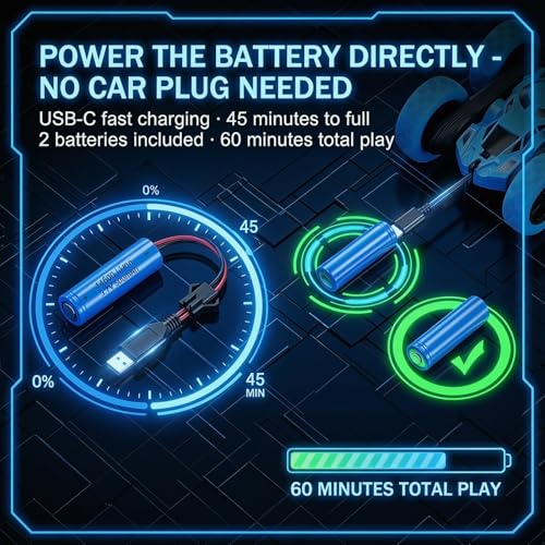 2.4GHz RC Stunt Car 4WD Double Sided Rollover Blue | TRP Tires for All Terrain, 360° Spin & Drift, 60 Min Total Play with 2 Batteries, USB-C Fast Charging, Gift for Teens Adults - color: Blue-standard