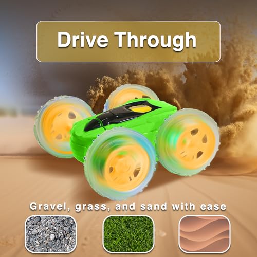 Contixo SC3A Toy Remote Control Car for Kids with Double-Sided 360° Rotating Stunt, 4WD Off-Road RC Cars with LED Lights, Birthday for Boys and Girls Ages 4 5 6 7 - Green - color: Green