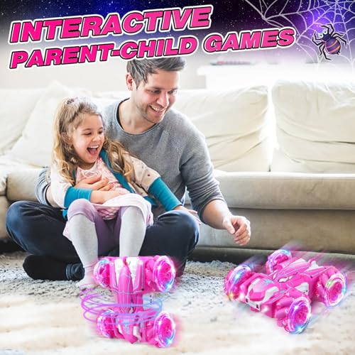 Dolanus Girls Toys Spider Remote Control Car, Age 3+, Kids Gift, Pink | RGB Wheel Lights, Dual Sided Stunts, 360° Spins, Sideways Drifts, USB Charging, 2.4GHz Control, for 3 4 5 6 7 8 12 Year Old