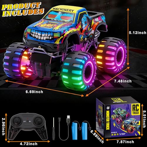 Remote Control Monster Truck Toys for Kids, 1:20 Scale 2.4GHz RC Car with Lights, All Terrain Rechargeable RC Truck with 2 Rechargeable Batteries, Toy Gift Birthday Christmas for Boys Girls Toddlers