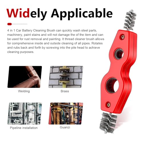 2 PCS Car Battery Terminal Cleaning Brush, 4-in-1 Battery Post Cleaner Brush with Steel Wire, Cleaning Tool for Terminals and Pipes, Universal for Most Cars, Trucks, SUVs (Red) - color: Red