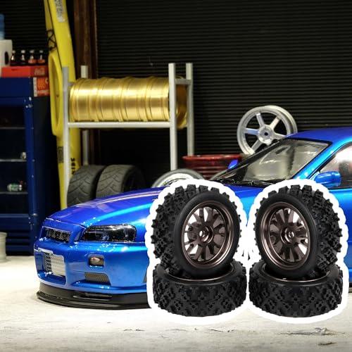 Mxfans Black Flower Pattern Aluminum Alloy Y-Shaped Wheel Titanium Color + Rally tire Skin 65MM Suitable for RC 1:10 Road Racing 4-Piece Set