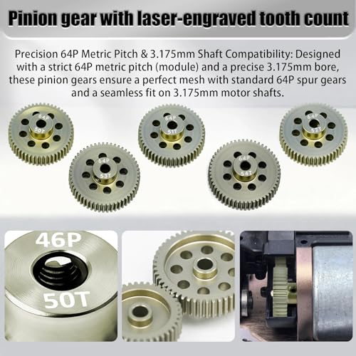 5Pcs 64P Aluminum Alloy Pinion Gear Set 3.175mm 50T 51T 52T 53T 54T Motor Pinion Gear W/ M4 Screw and Hex Key, Fit 3.175mm (1/8-Inch) Shaft, for Arrma HPI Kyosho Losi Axial Traxxas Tamiya 1/10 RC Car - size: 64P-3.175mm-50-54T