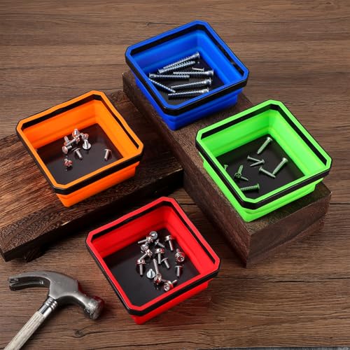4 Pcs Foldable Magnetic Parts Tray, 4.25 Inch Square Foldable Silicone Tool Organizer with Dual-Sided Magnetic Base, for Screws, Bolts, Nuts, and Small Metal Parts Storage In 4 Colors