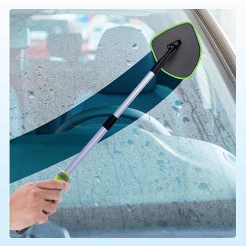 XINDELL Interior Windshield Cleaner Tool, Car Window Cleaning Kit with 4 Reusable Microfiber Pads, Extendable Handle & 360° Rotating Head, Safety Hammer, Streak-Free Auto Glass Wiper for Truck SUV RV - color: Green