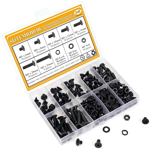 245 Pieces M5 Screws Nuts Washers Set Black, Sutemribor M5 x 6/8/10/12/16/20/25mm Countersunk Head Socket Cap Screws Nuts Washers Assortment Kit, 10.9 Grade Alloy Steel, Fully Threaded - size: M5, style: Countersunk Head Socket Cap