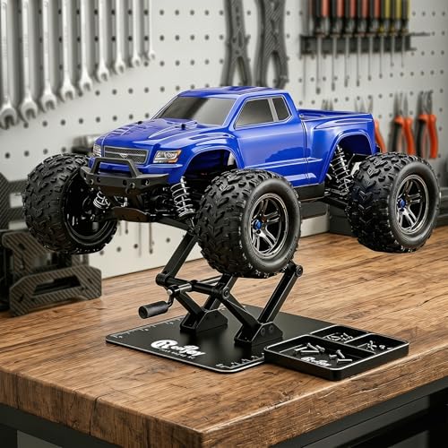 RC Stand Lift Lower with 3-Slot Screw Tray for 1/8 1/10 1/12 Scale, Black | Aluminum RC Car Work Stand Repair Tool Set for RC Cars Crawler Truck Traxxas TRX4 Axial SCX10 Upgrade - color: All Black, With 3-slot Screw Tray