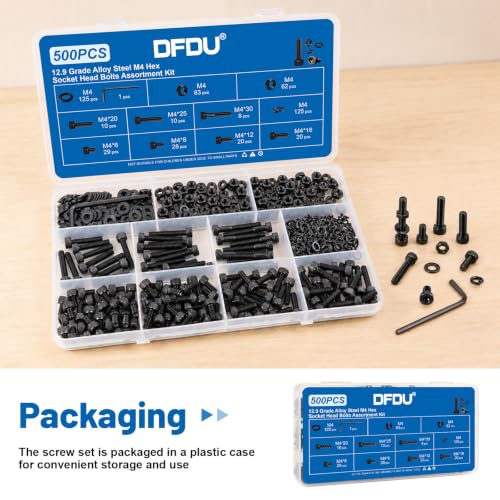 500Pcs M4 Screw Hex Socket Head Cap Bolt Kit M4x6-30mm 12.9Alloy Steel | Black Zinc Plated Metric Allen Bolt with Nut Flat Spring Washer Allen Wrench Assorted Hardware for DIY, 3D Printing Furniture - size: G12.9 M4 500PCS