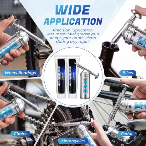 Mini Grease Gun Kit with 2 Tubes, 3 oz Steel Small Grease Gun for Bicycle Bike Chains Bearings Pedals, Lawn Mower, Air Tools and Garden Equipment