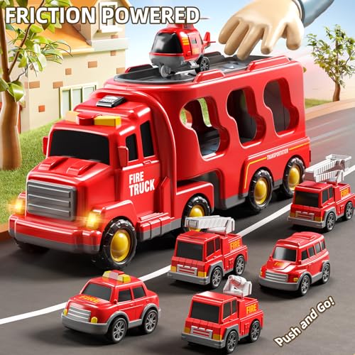 JUKUDAHU 7-in-1 Fire Trucks for Kids - Transport Truck for Boys | Sound and Light, Kids Toys for Ages 4-6, Birthday Gifts for Boys Girls Ages 5-7 4-8 Year Old - style: 7 IN 1 Fire Truck