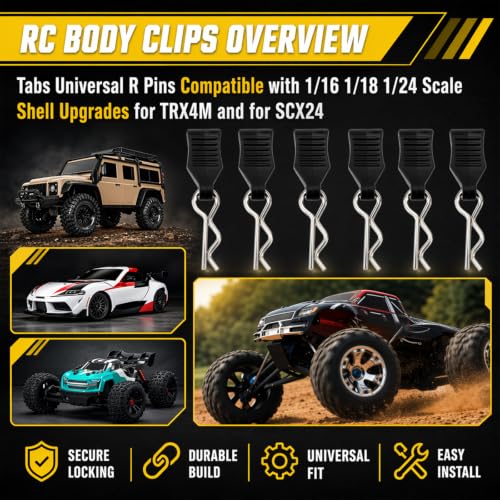 60-Pack RC Body Clips with Pull Tabs, 1mm Pins | Stainless steel, curved R-clip design, compatible with SCX24, TRX4M, H16BM, 16889 models