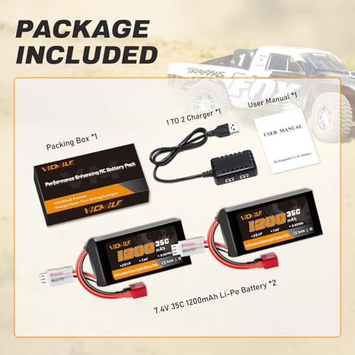 7.4V Lipo Battery 1200mAh 2S 35C High Discharge Rate Rechargeable Battery with Dean-Style T Plug Fit for WLtoys A949 A959 A969 A979 K929 Most 1/10 1/16 1/18 1/24 RC Car Truck with 1TO2 Charger