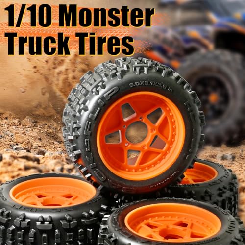 3.8" MT Monster Truck All Terrain Tires with Foam Insert - 17mm/14mm/12mm Hex Adapters Included for TRAXXAS Sledge ARRMA Kraton Outcast Tamiya HSP (Set of 4) Replacement Part of AR510092 - color: Orange