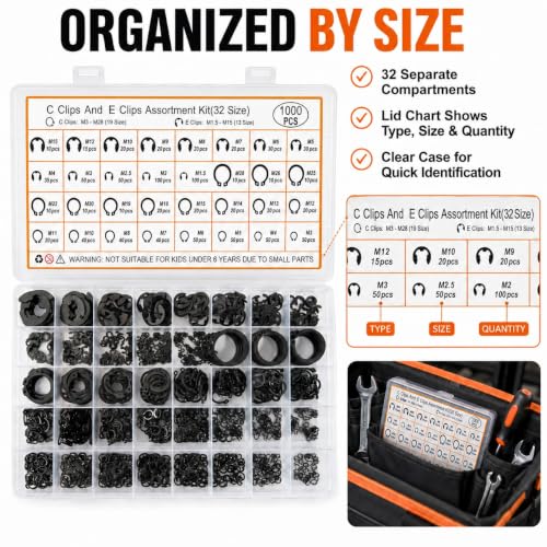 1000-Piece C Clips & E Clips Assortment Kit - 32 Sizes, Retaining Rings | Black carbon steel snap ring kit: 32 metric sizes, C clips M3-M28 and E clips 1.5-15 mm, labeled case for automotive repair