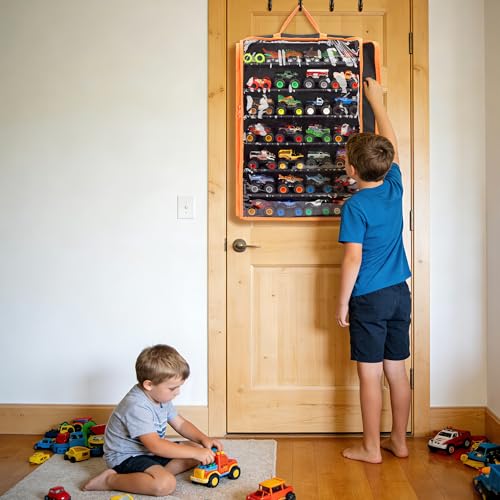 Monster Truck Storage Organizer, Hanging Monster Truck Display Case with 7 Removable Tiers, Dual Zipper Clear Window Monster Truck Storage Bag for 1:64 Scale Toy Trucks | Wall mount tiered shelf fits 1:64 scale cars. Cars not included. Assembly required.