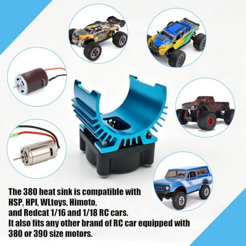 Aluminum 370/380/390 Motor Heatsink Cooling Fan with Y Cable Dupont Fits for 16101 16102 16103 16104 16106 16201 SCY JJRC C8805 MJX HBX HSP Wltoys Himoto Redcat 1/16 1/18 RC Car (Sky Blue) - style: Sky Blue