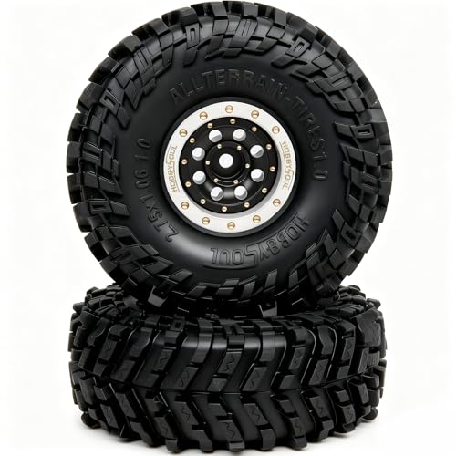 HOBBYSOUL 70mm Tall 1.0 Beadlock Wheels and Tires Set, Adjustable Offset Brass 1.0'' Wheels Rims White Black and Soft Sticky 1'' Tires for RC Crawler TRX4M SCX24 Upgrades - color: White & Black