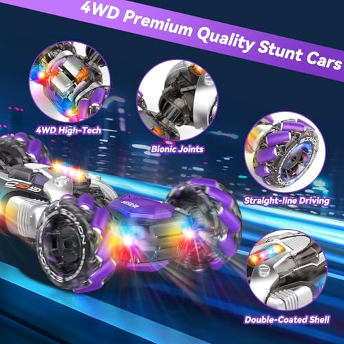 Nicella Gesture Sensing RC Stunt Car, Remote Control Cars Transformer Toys for Age 5-7 6-12 8 9 10 11 Yr Boys Girls Birthday Halloween, 2.4Ghz Hand Control 360° Rotating Toys Car - color: Purple/White