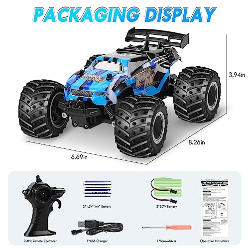 Remote Control Car, Remote Control Truck, 2.4Ghz All Terrain Rc Cars | 20 KM/H Off-Road Monster Truck with LED Bodylight and 2 Rechargeable Batteries Toys for Boys