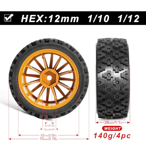 Pre-Glued Off-Road Knobby Wheel & Tire Set for 1/10 1/12 RC Car for HSP 94123, Tamiya TT01 / XV01, MJX 10303, Kyosho FW06, 70 x 28 mm Rubber, 12 mm Hex Nylon Wheels, 4 pcs, Orange - color: Brown