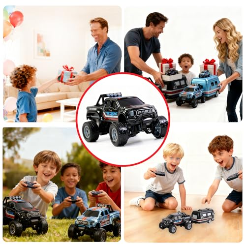 Mini RC Truck, 1/64 Scale Alloy Monster Truck Remote Control Car | 2.4GHz Control, LED Lights, 3-Speed Settings, Cruise Control,Adjustable Steering, Indoor Outdoor Toy for Kids Adults - color: Black