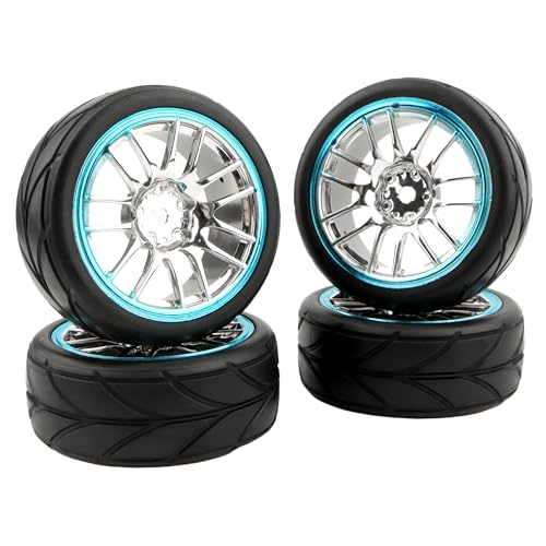 RC 1/10 Scale On Road Tires OD2.55 Replacement Rubber Wheel Rims 12mm Hex Compatible with Traxxas 4 Tec 2.0 Tamiya TT01 XV01 Kyosho WR8 Sakura WLtoys HPI Touring Racing Car - color: Blue